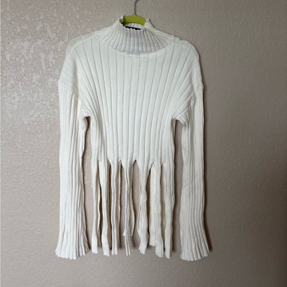 Fashion Nova Cream Ribbed Sweater with Fringe